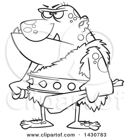 Clipart of a Cartoon Black and White Lineart Angry Ogre Holding a Club - Royalty Free Vector Illustration by toonaday