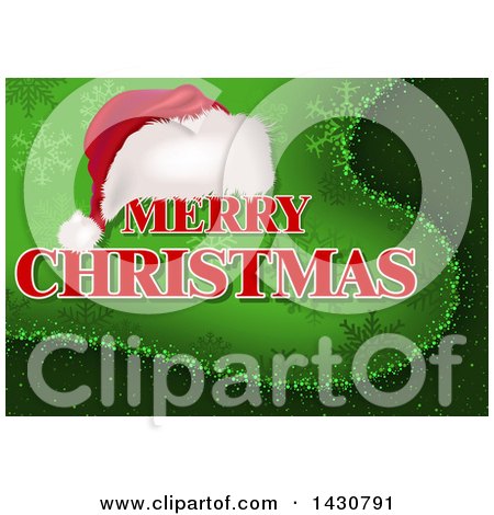 Clipart of a Santa Hat and Merry Christmas Greeting on Green with Snowflakes - Royalty Free Vector Illustration by dero