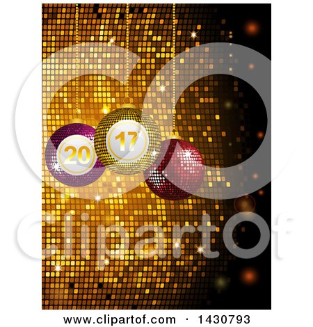 Clipart of a Background of 3d Suspended 2017 Baubles over Gold Disco Ball Mosaic - Royalty Free Vector Illustration by elaineitalia