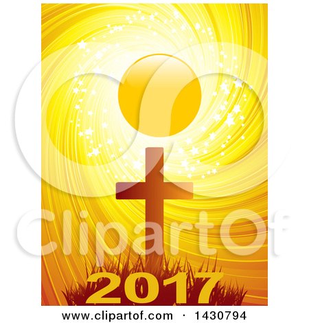 Clipart of a Silhouetted Cross Against a Sunset with Sparkles, Stars and a Swirl with New Year 2017 - Royalty Free Vector Illustration by elaineitalia
