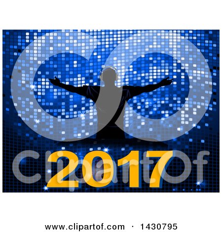 Clipart of a Silhouetted Male Dj Holding His Arms out over New Year 2017 on Blue Disco Tiles - Royalty Free Vector Illustration by elaineitalia