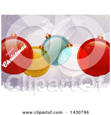 Clipart of a Merry Christmas Greeting and Colorful Baubles over a Geometric Background - Royalty Free Vector Illustration by elaineitalia