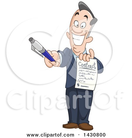 Clipart of a Cartoon Grinning Caucasian Business Man Holding out a Contract - Royalty Free Vector Illustration by yayayoyo
