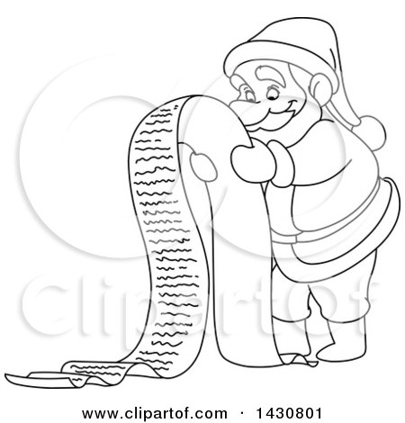 Clipart of a Cartoon Black and White Lineart Santa Reading a Long List - Royalty Free Vector Illustration by yayayoyo