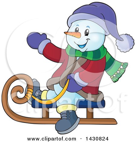 Clipart of a Christmas Snowman Waving and Sledding - Royalty Free Vector Illustration by visekart