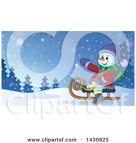 Clipart of a Christmas Snowman Waving and Sledding - Royalty Free Vector Illustration by visekart