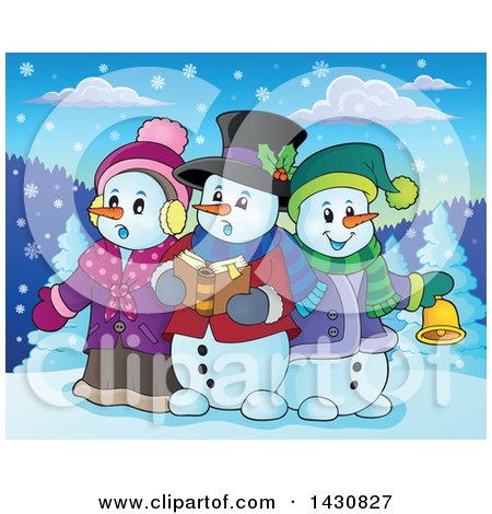 Clipart of a Group of Snowmen Singing Christmas Carols - Royalty Free Vector Illustration by visekart