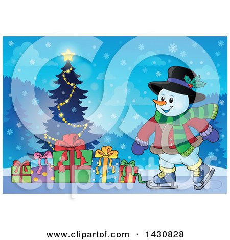 Clipart of a Happy Snowman Ice Skating by a Christmas Tree - Royalty Free Vector Illustration by visekart