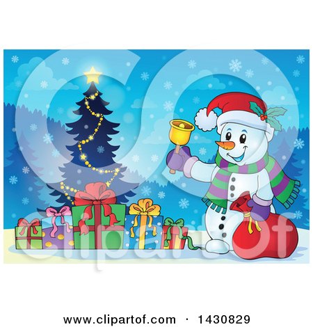 Clipart of a Christmas Snowman Ringing a Bell by a Tree - Royalty Free Vector Illustration by visekart