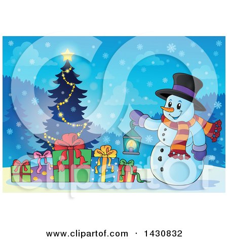 Clipart of a Christmas Snowman Holding a Lantern by a Tree - Royalty Free Vector Illustration by visekart