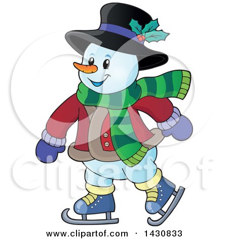 Clipart of a Happy Snowman Ice Skating - Royalty Free Vector Illustration by visekart