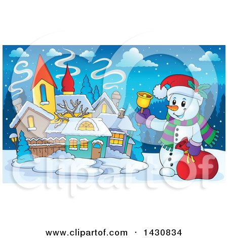 Clipart of a Christmas Snowman Ringing a Bell in a Village - Royalty Free Vector Illustration by visekart