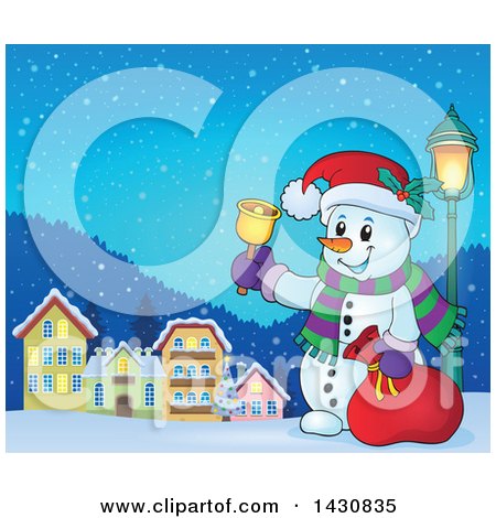 Clipart of a Christmas Snowman Ringing a Bell in a Village - Royalty Free Vector Illustration by visekart