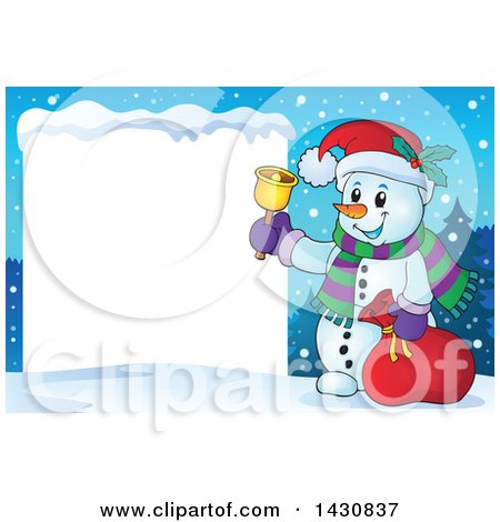 Clipart of a Christmas Snowman Ringing a Bell by a Blank Sign - Royalty Free Vector Illustration by visekart