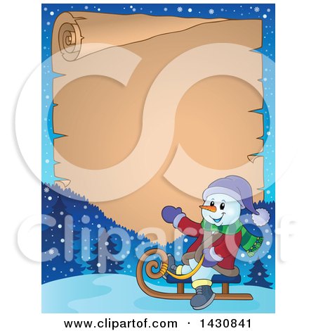 Clipart of a Christmas Snowman Sledding over a Parchment Scroll - Royalty Free Vector Illustration by visekart