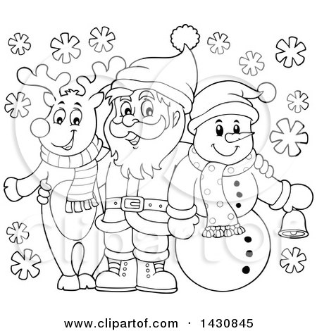 Clipart of a Black and White Lineart Christmas Snowman and Reindeer Posing with Santa - Royalty Free Vector Illustration by visekart