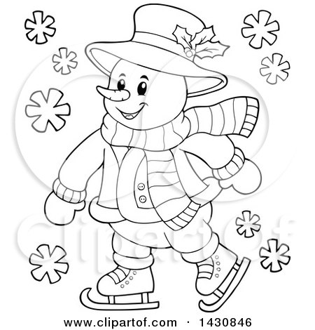 Clipart of a Black and White Lineart Happy Snowman Ice Skating - Royalty Free Vector Illustration by visekart