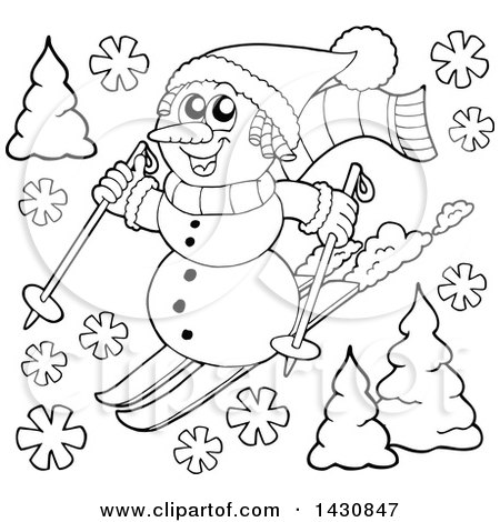Clipart of a Black and White Lineart Snowman Skiing - Royalty Free Vector Illustration by visekart