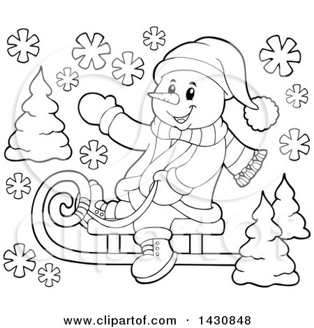 Clipart of a Black and White Lineart Christmas Snowman Waving and Sledding - Royalty Free Vector Illustration by visekart
