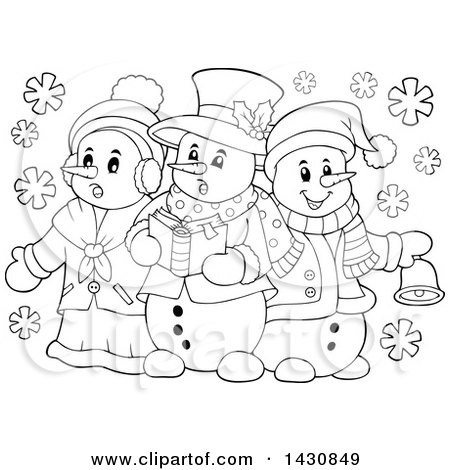 Clipart of a Black and White Lineart Group of Snowmen Singing Christmas Carols - Royalty Free Vector Illustration by visekart