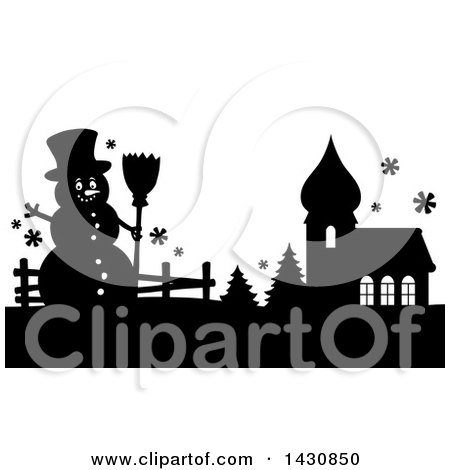 Clipart of a Black and White Silhouetted Christmas Snowman by a Church - Royalty Free Vector Illustration by visekart