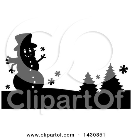 Clipart of a Black and White Silhouetted Christmas Snowman and Trees - Royalty Free Vector Illustration by visekart