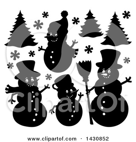 Clipart of Black and White Silhouetted Christmas Snowmen - Royalty Free Vector Illustration by visekart