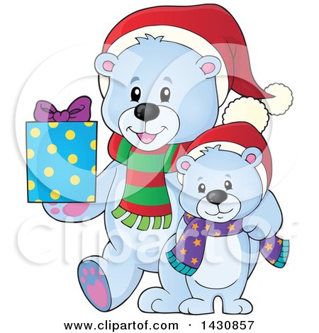 Clipart of a Happy Christmas Polar Bear and Cub Holding a Gift - Royalty Free Vector Illustration by visekart
