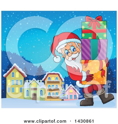 Clipart of a Jolly Santa Claus Carrying a Stack of Christmas Gifts in a Village - Royalty Free Vector Illustration by visekart