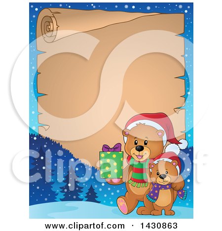 Clipart of a Border of a Happy Christmas Bear and Cub Walking with a Gift over Parchment Paper - Royalty Free Vector Illustration by visekart