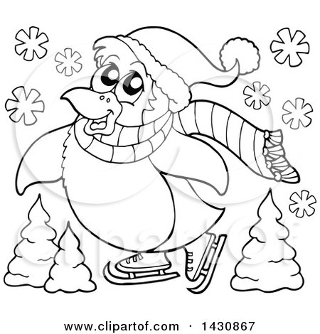 Clipart of a Black and White Lineart Penguin Ice Skating - Royalty Free Vector Illustration by visekart