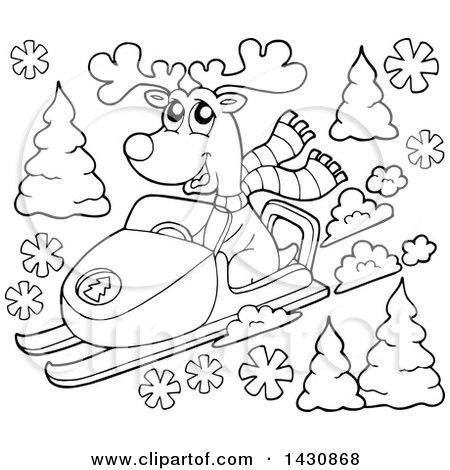 Clipart of a Black and White Lineart Reindeer Snow Mobiling - Royalty Free Vector Illustration by visekart
