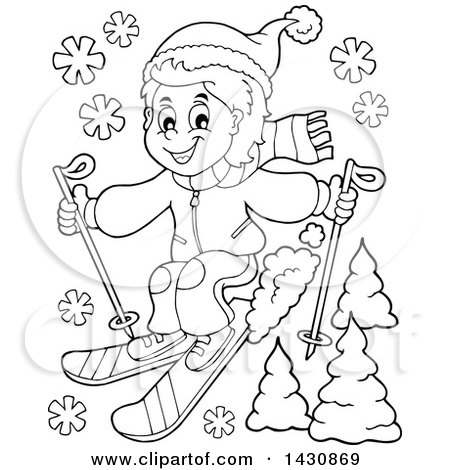 Clipart of a Black and White Lineart Boy Skiing - Royalty Free Vector Illustration by visekart