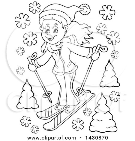 Clipart of a Black and White Lineart Girl Skiing - Royalty Free Vector Illustration by visekart
