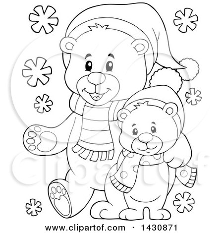Clipart of a Black and White Lineart Happy Christmas Bear and Cub Walking - Royalty Free Vector Illustration by visekart
