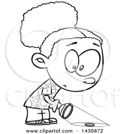 Clipart of a Cartoon Black and White Girl Finding Something with a Flashlight - Royalty Free Vector Illustration by toonaday