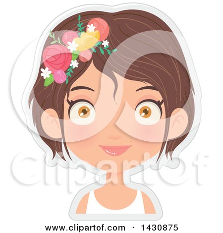 Clipart of a Happy Brunette Caucasian Girl with Purple Flowers in Her Hair - Royalty Free Vector Illustration by Melisende Vector