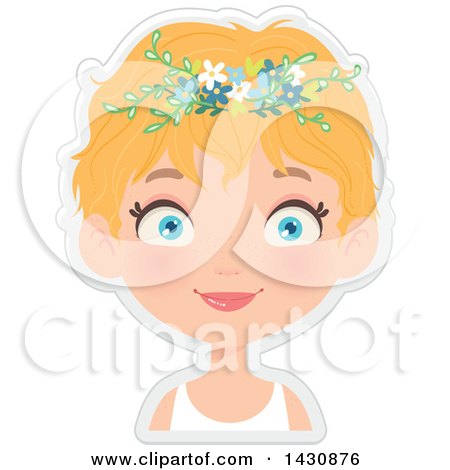 Clipart of a Happy Short Haired Blond Caucasian Girl with Purple Flowers in Her Hair - Royalty Free Vector Illustration by Melisende Vector