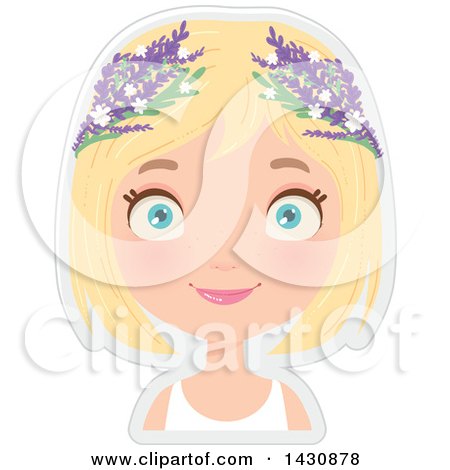 Clipart of a Happy Blond Caucasian Girl with Purple Flowers in Her Hair - Royalty Free Vector Illustration by Melisende Vector