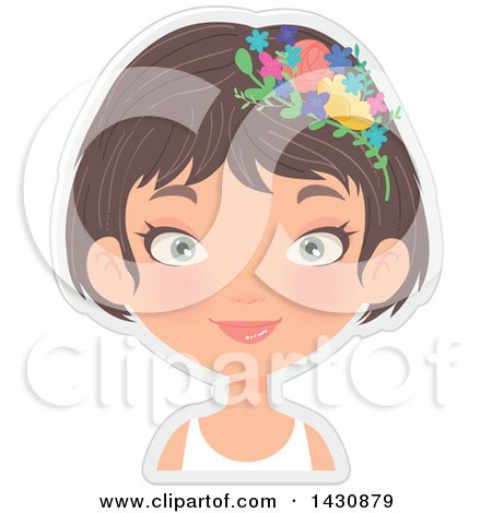 Clipart of a Happy Brunette Caucasian Girl with Purple Flowers in Her Hair - Royalty Free Vector Illustration by Melisende Vector