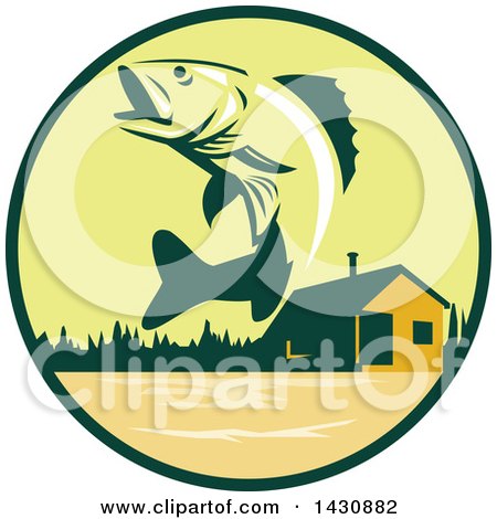 Clipart of a Retro Walleye Fish Jumping in Front of a Lake Cabin in a Green and Orange Circle - Royalty Free Vector Illustration by patrimonio