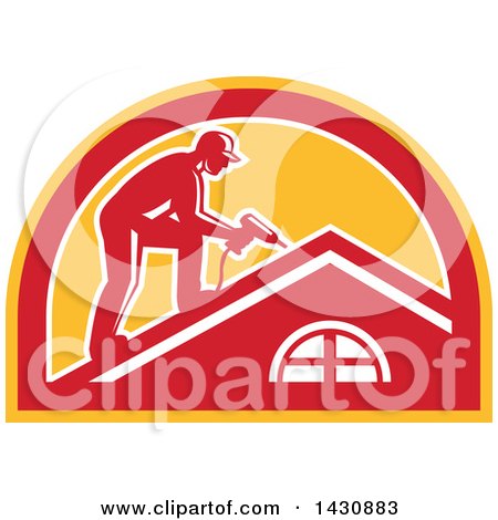 Clipart of a Retro Male Worker Using a Hand Drill on a Roof in a White, Red and Orange Half Circle - Royalty Free Vector Illustration by patrimonio