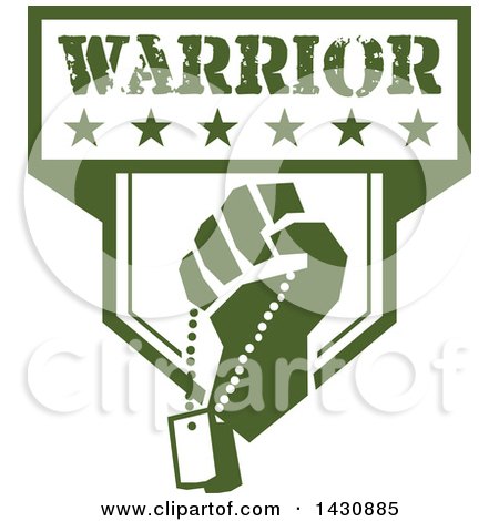 Clipart of a Retro Clenched Fist Holding Military Dog Tags in a Green and White Warrior Crest - Royalty Free Vector Illustration by patrimonio