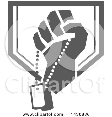 Clipart of a Retro Clenched Fist Holding Military Dog Tags in a Gray and White Crest - Royalty Free Vector Illustration by patrimonio