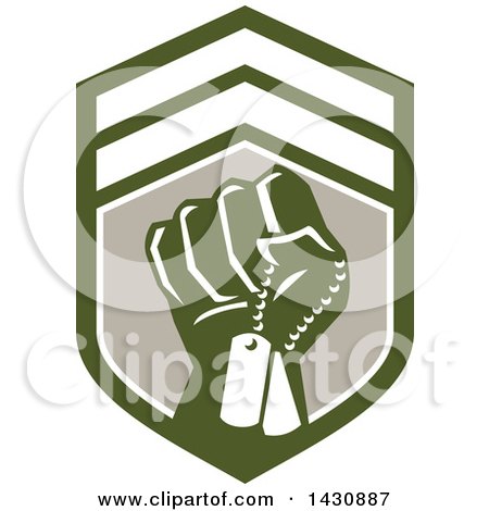 Clipart of a Retro Clenched Fist Holding Military Dog Tags in a Green White and Taupe Crest - Royalty Free Vector Illustration by patrimonio