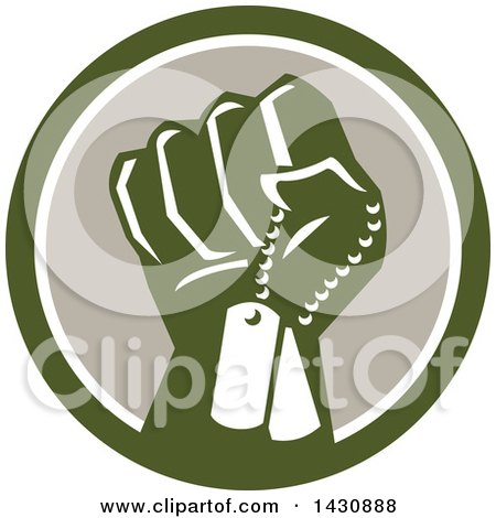 Clipart of a Retro Clenched Fist Holding Military Dog Tags in a Green White and Taupe Circle - Royalty Free Vector Illustration by patrimonio