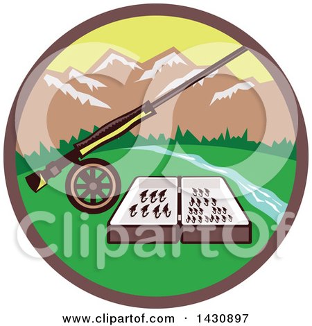Clipart of a Retro Fly Box and Rod on Wheel in a Circle with a River and Mountains - Royalty Free Vector Illustration by patrimonio