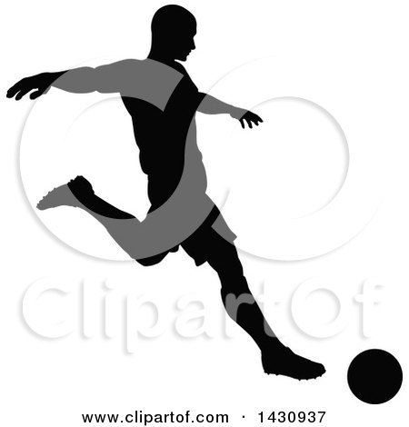 Clipart of a Black Silhouetted Male Soccer Player Kicking - Royalty Free Vector Illustration by AtStockIllustration