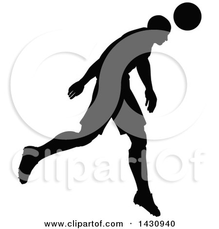 Clipart of a Black Silhouetted Male Soccer Player Head Passing - Royalty Free Vector Illustration by AtStockIllustration