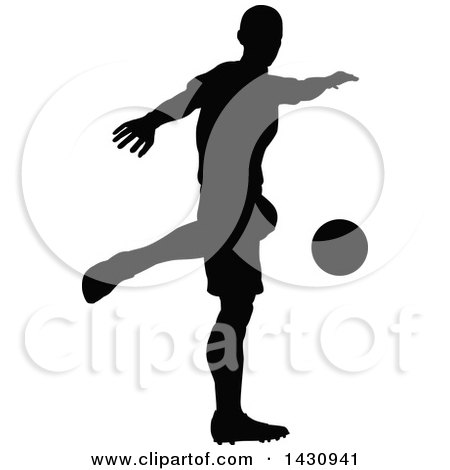 Clipart of a Black Silhouetted Male Soccer Player in Action - Royalty Free Vector Illustration by AtStockIllustration